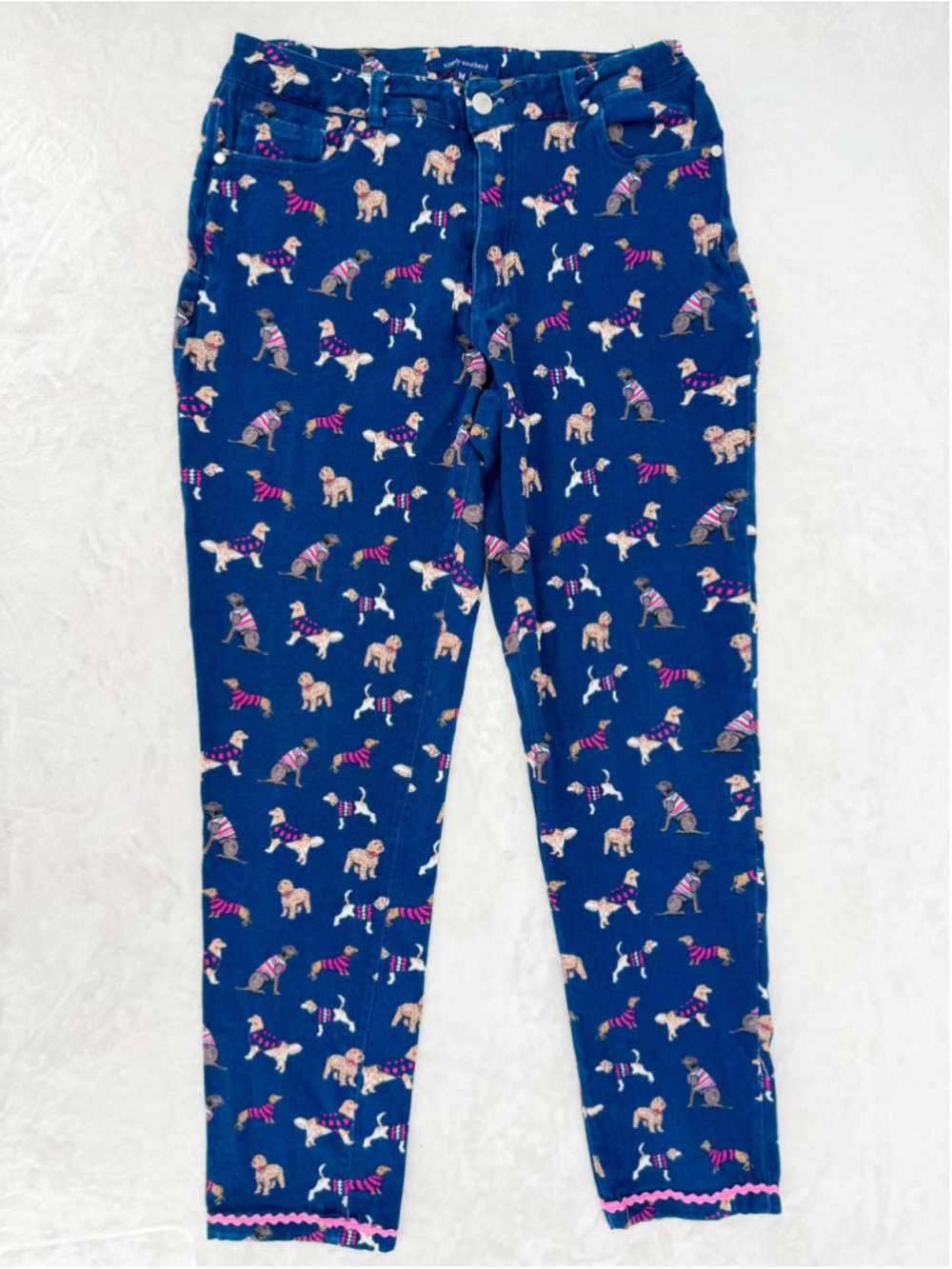 Simply Southern Blue Dog Print Jeans Pink Rickrack Trim Dopamine Whimsy Medium